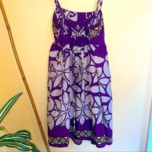 Day Dress Linen Feel Pleated Purple Print Dress - Picture 7 of 12